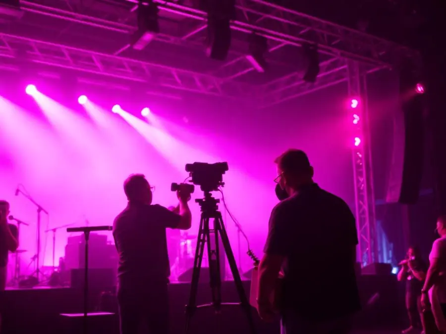 Crew setting up lights for a live music event