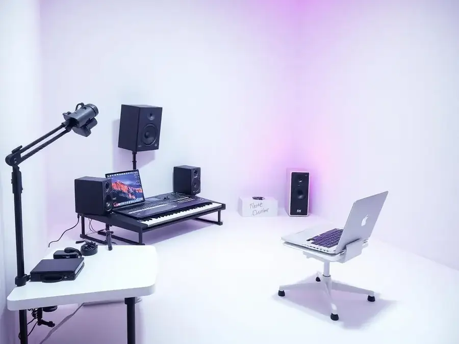 Minimal white home studio with laptop and keyboard