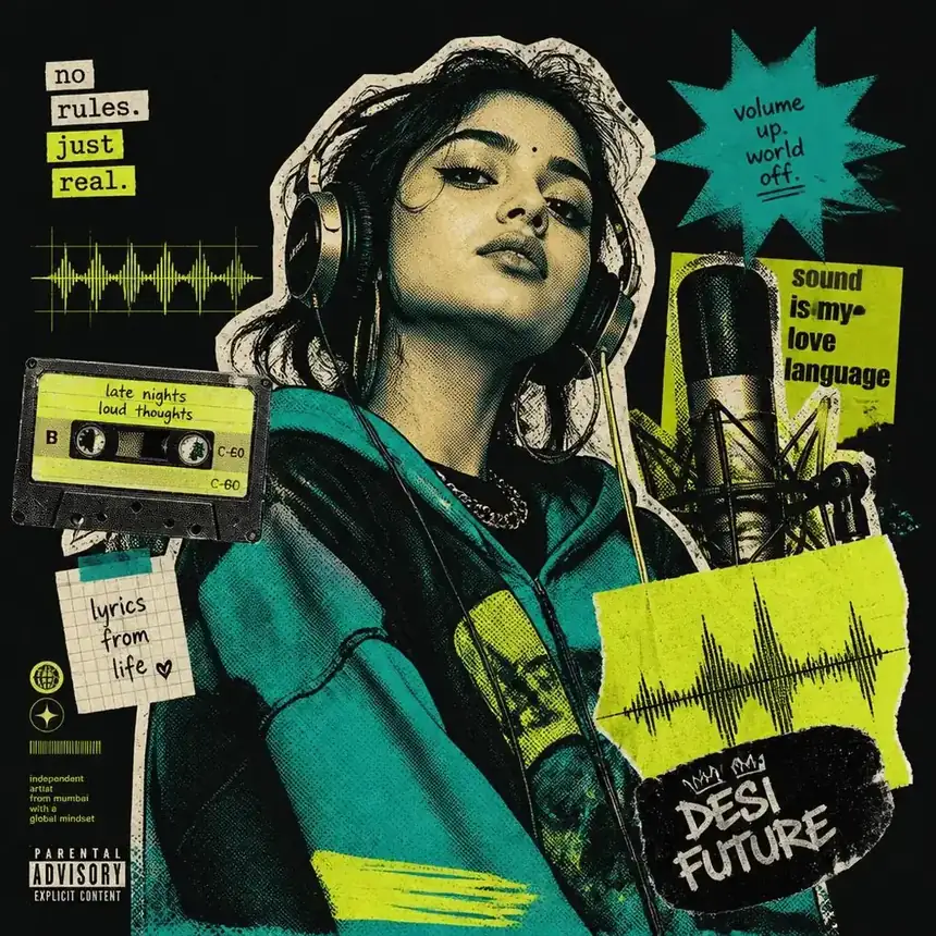 Independent artist collage — young woman in headphones, teal and acid yellow