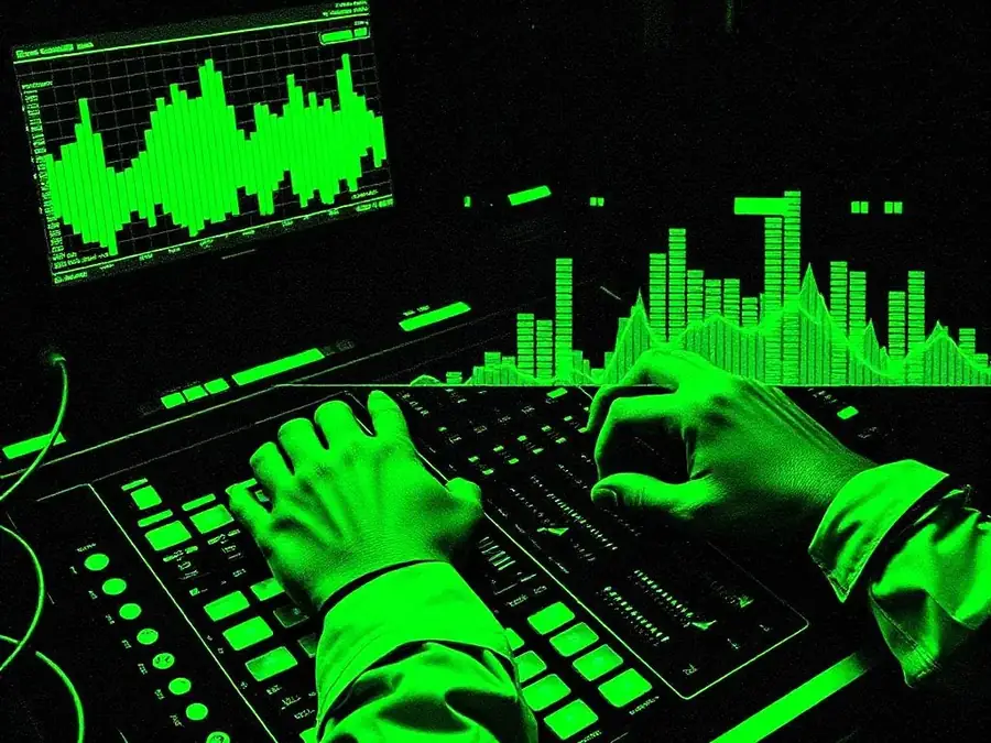 Producer mixing a track with live streaming analytics