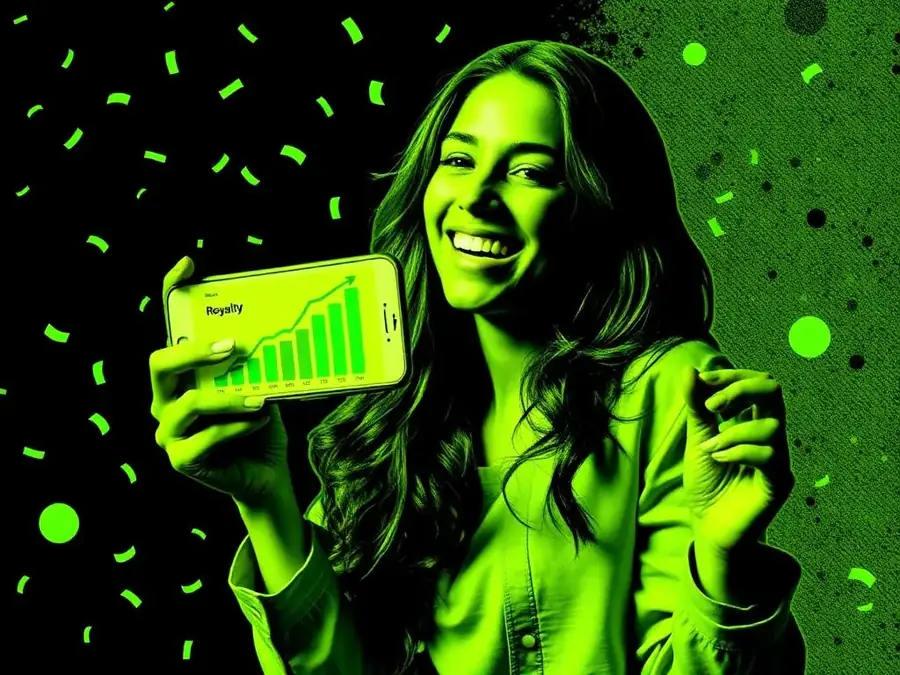 Artist celebrating rising royalty earnings on her phone